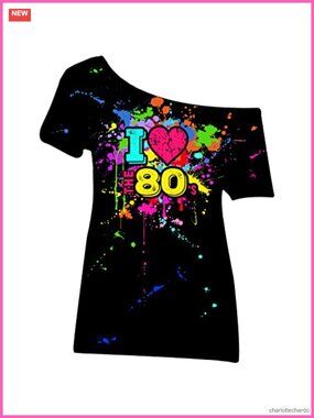 80s Off Shoulder T-Shirt Womens Plus Size Costume Neon Party Top Polyester